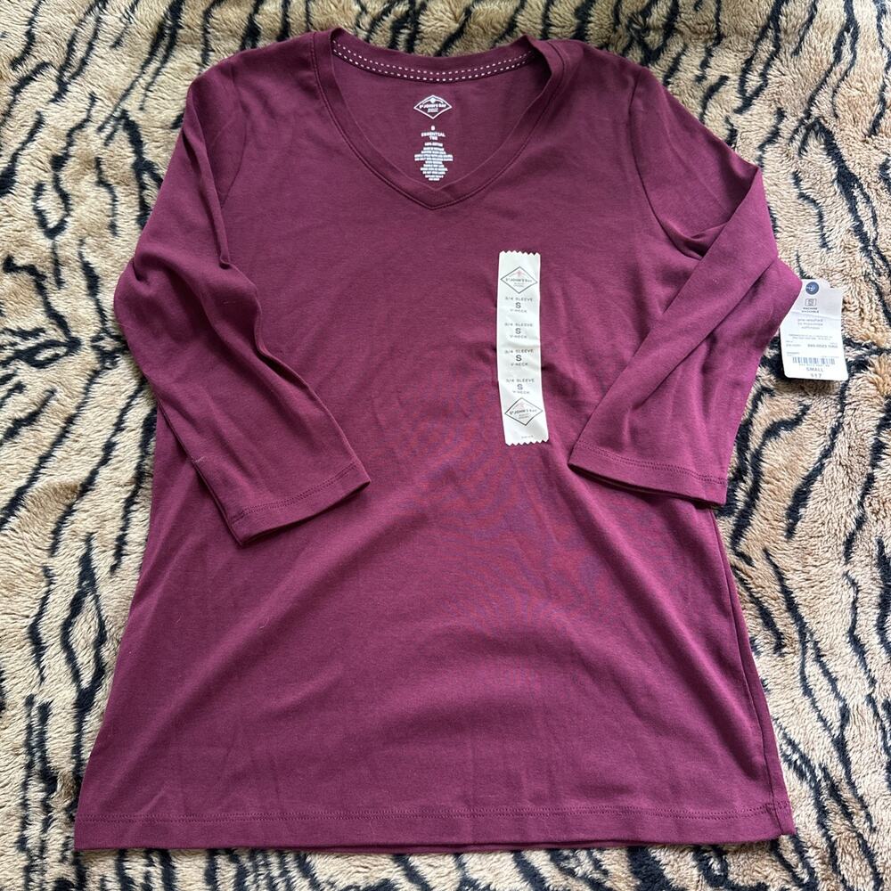 ST. JOHN BAY Burgundy/Maroon V-Neck 3/4 Sleeve Cotton Essential Tee Top Sz S NEW